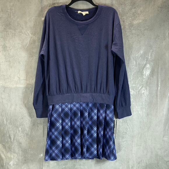 KINGSTON GREY Juniors' Navy Check Pleated Skirt Crewneck Mini Sweater Dress SZ L - Picture 2 of 12